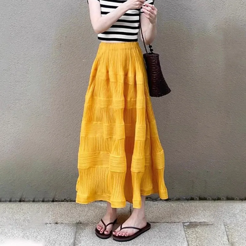 Miyake 2025 Summer Japanese Ins Yellow High-waisted Loose Skirt Fashionable and Thin Medium and Long Pleated A-shaped Skirt