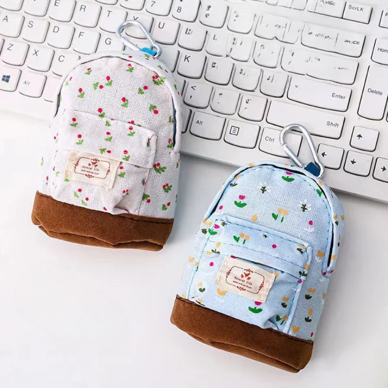 Cute Floral Mini Schoolbag Shape Canvas Pencil Bag Creative Simulation Backpack Stationery Storage Bag Kawaii Kids Coin Pouch