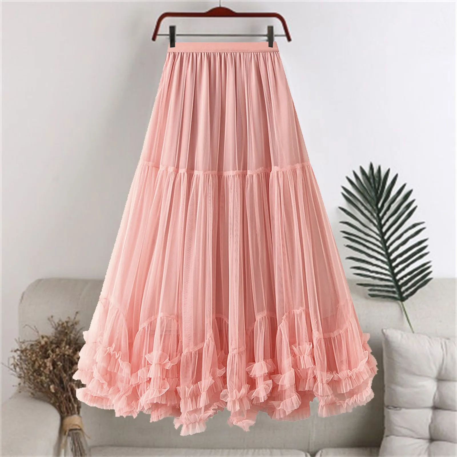 

Pink Wooden Ear Tulle Fairy Skirt Spring Summer Korean Fashion Sweet Pleated Skirts High Waist A-Line Swing Mesh Puffy Skirts