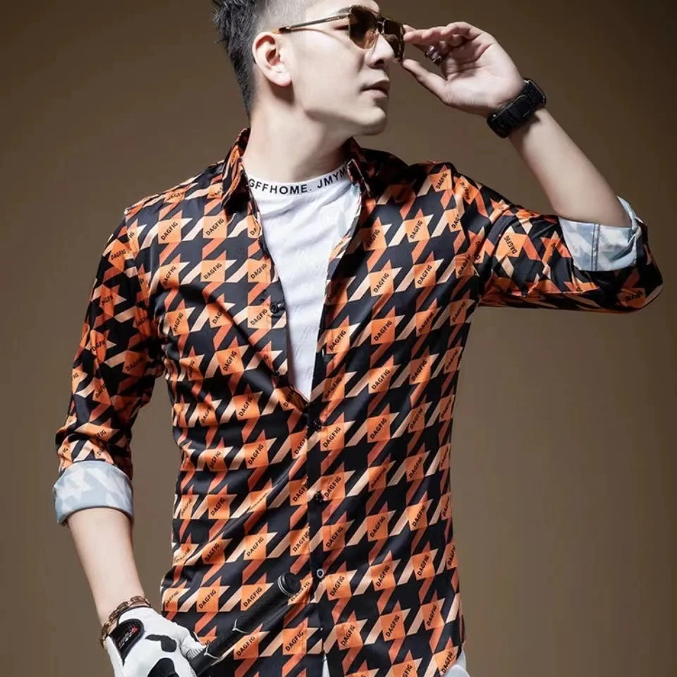 Spring Autumn Plaid Shirt Men's Luxury Design Print Long Sleeve Trendy Slim Fit Youthful Spring 2023 No Ironing Required