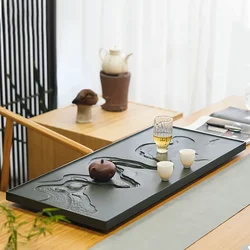 Carved Natural Black Gold Stone Tea Tray Tray Embossed Household Stone Small Tea Table Kung Fu Tea Set