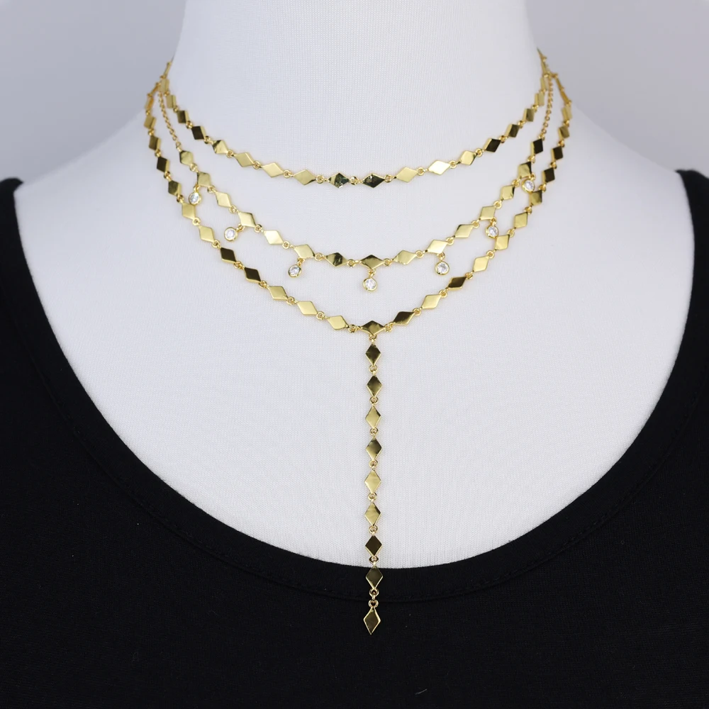 Geometric Rhombus Shaped Small Charm Choker Y Lariat Three Layer Women Neckace Gold Color Fashion Jewelry