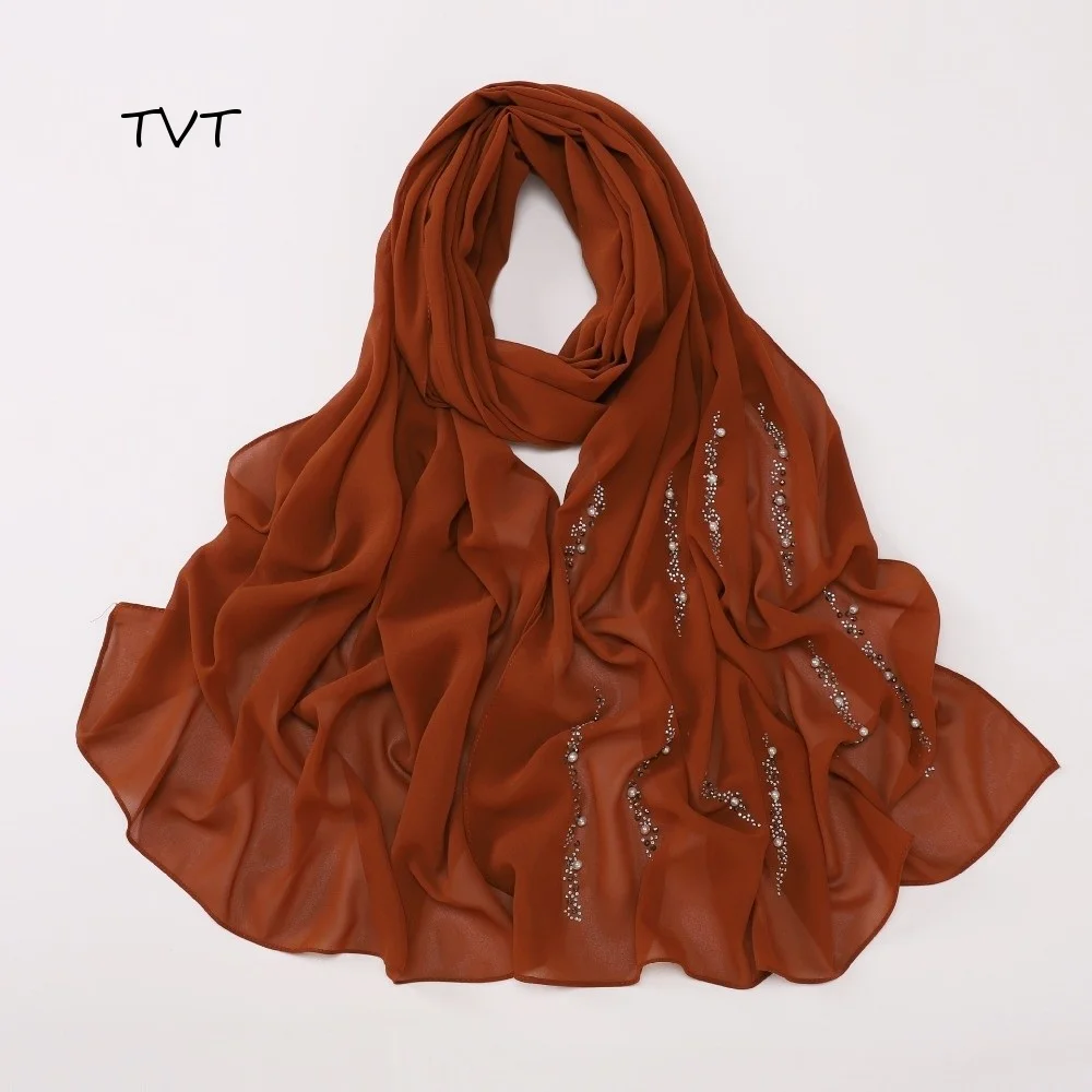 Rhinestone Imitation Pearl Chiffon Hijab Breathable Shimmer Beads Malaysia Shawl Scarf Lightweight Elegant Soft Head Wrap Women
