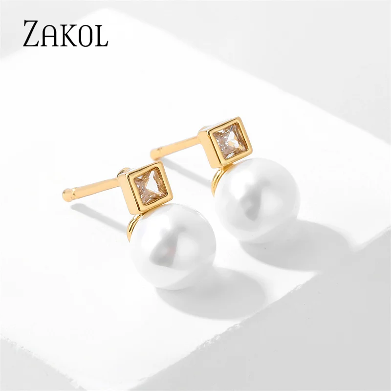 ZAKOL Fashion Green CZ Imitation Pearl Simple Stud Earrings For Women Girl Party Jewelry Accessories Birthday EP5512