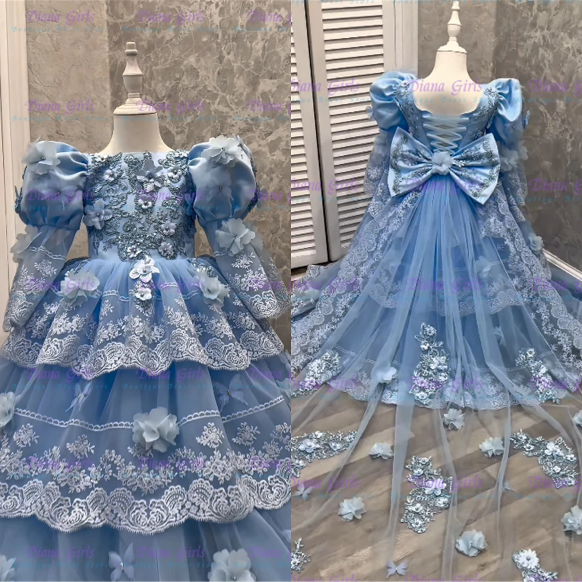 

Quality Gorgeous Flower Girl Dress Blue Tulle Butterflies Appliques Floor Length for Wedding Birthday Party Evening Ball Gowns