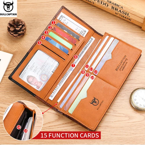 Imagen 2 del producto BULLCAPTAIN, bolso largo de cuero genuino para hombre, función RFID, tarjetero, tarjetero, monedero de cuero, cartera multifuncional