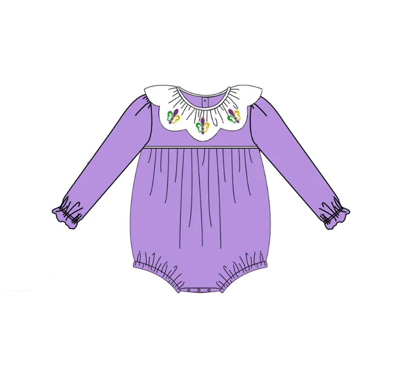 Mardi Gras print girls' purple long-sleeved top ruffled trousers milk silk material boutique set dress and Romper