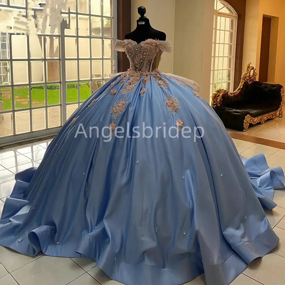 

Голубое Атласное Бальное Платье Angelsbridep, платья для Quinceanera 2025 с блестками и бантом из стразов