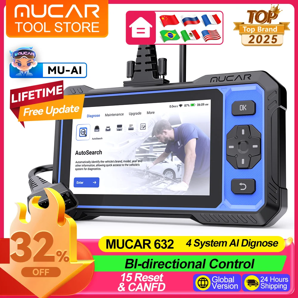 MUCAR 632 Car Diagnostic Tools ECM/TCM/SRS/ABS 4 Systems Car OBD2 Scanner 15 Resets Lifetime Free Update 2025 CANFD Scan Tools