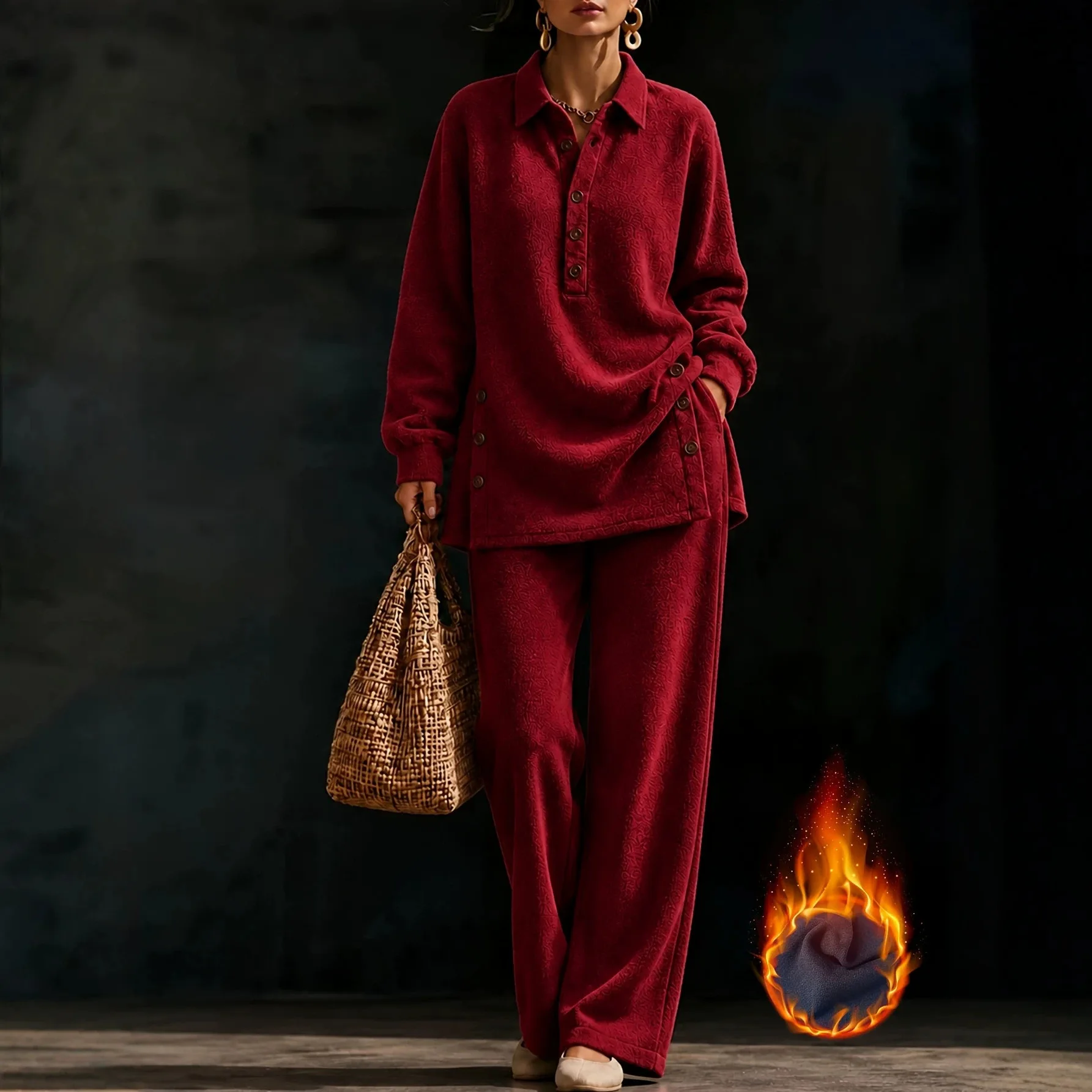 Women's Thick Warm Fleece Casual Home Track Suit Lapel Long Sleeve Side Buttons Blouse High Waist Wide Leg Pants 2 Piece Outfit