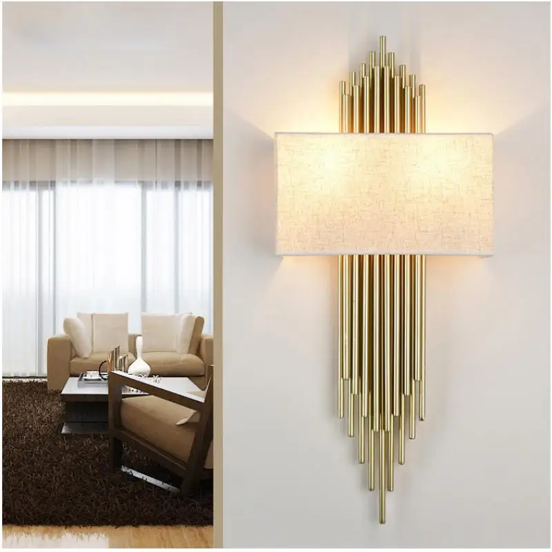 Big Black/Beige Lampshade Gold Wall Light for hotel project gold tube Led Wall Sconce parlor Foyer Villa Long pipe Wall fixture