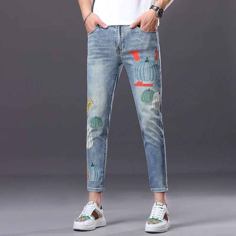 

V-23 American summer high-end new printing fashion versatile small straight stretch jeans nine points