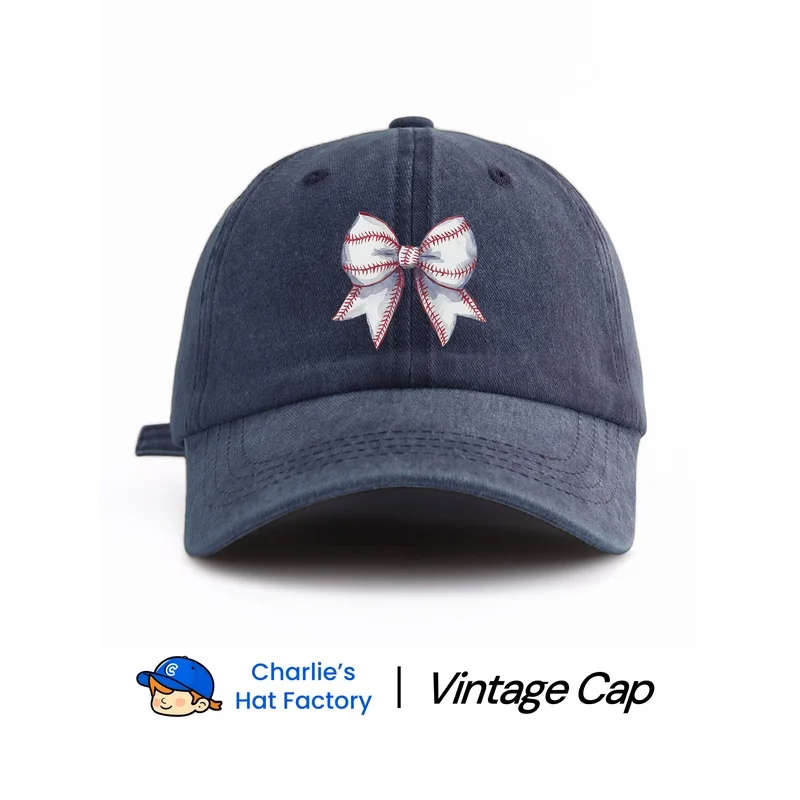 1 pc BOW Print Washed Baseball Cap, Classic Casual Stylish Vintage Soft Sweatband Adjustable Size Lightweight