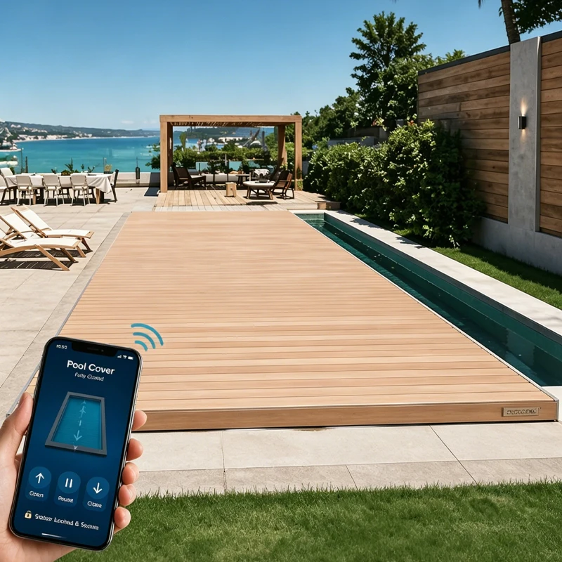 Elite Electric Retractable Pool Cover with Smart Control Stainless Steel PC Automatic Safety Pool Lid Anti-Slip Deck Platform