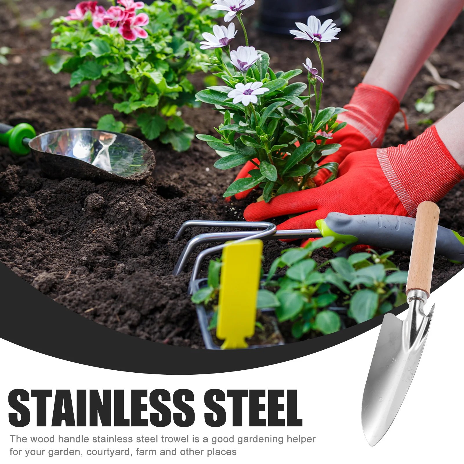 2 قطعة مجموعة مجرفة الحديقة الفولاذ المقاوم للصدأ الخشب مقبض مجرفة التربة لزراعة إزالة الأعشاب الضارة في الهواء الطلق بونساي عصاري #5