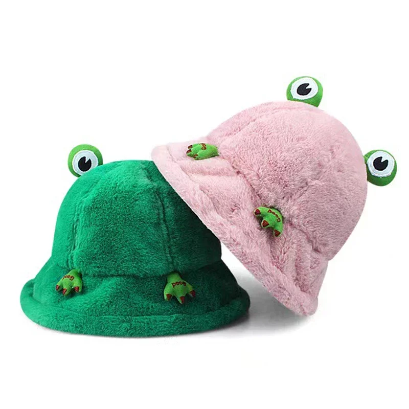 Amber Frog Plush Bucket Hat Panama Funny Winter Hat For Women Cartoon Fisherman Hats Warm Winter Autumn Fuzzy Lambs Cap Gorras