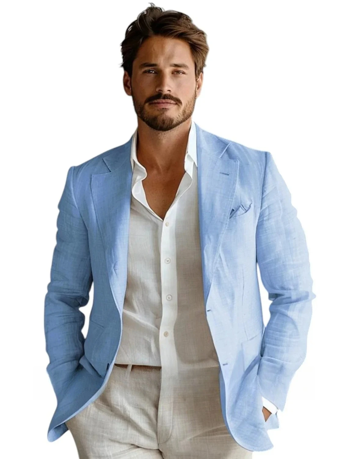 

Casual Men's Blue Linen Notch Lapel Single Breasted Blazer Wedding Summer Beach Prom Party Men Coat