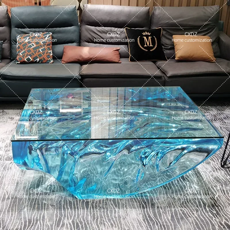 Modern Blue Ocean Crystal Coffee Table Transparent Resin Tea Table for Living Room High End Artistic Home Villa Furniture