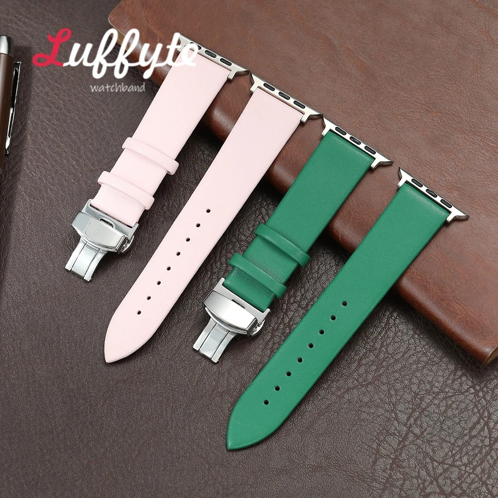 Ultradünnes, weiches PU-Lederarmband für Apple Watch 38–49 mm, Armband mit Schmetterlingsschnalle für IWatch Serie 1–10, Ultra SE 2