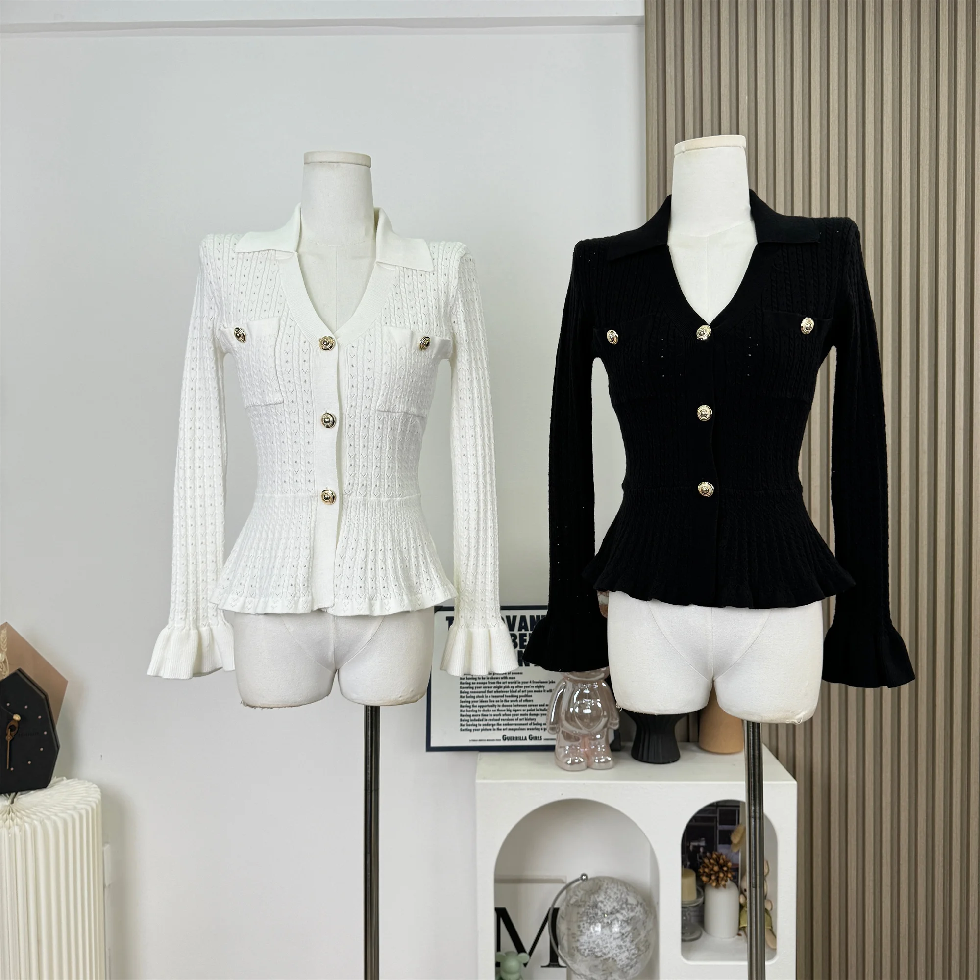 

Элегантный женский свитер с расклешенными рукавами, повседневный вязаный осенне-зимний облегающий кардиган с вырезами, топы F47