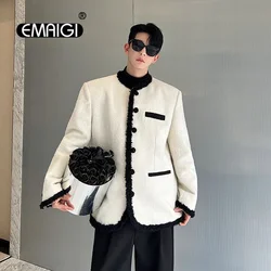 Autumn Winter Jacket Men Korean Streetwear Fashion Loose Casual Vintage Ribbon Splice Wool Jacket French Style Coat Man