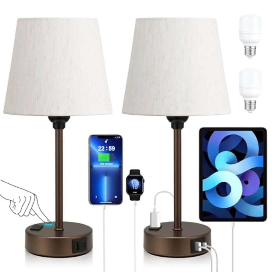 Bedside Lamps for bedrooms Set of 2 - Nightstand Bedroom Lamp with USB C Port and AC Outlet Charging 3 Way Dimmable Touch Contr