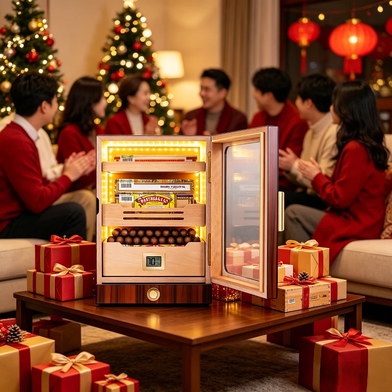 Luxury Wooden Cigar Humidor Cabinet Holds 150 Cigars with Electric Humidifier 3 Layers Drawers Storage & LED Light for Gift