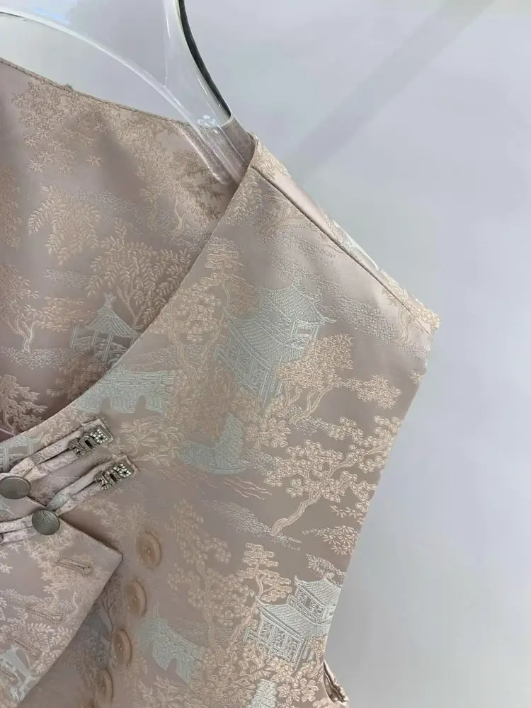 Gilet in raso di seta con stampa floreale Top da donna senza maniche con scollo a V vintage Top con fibbia retrò in stile cinese