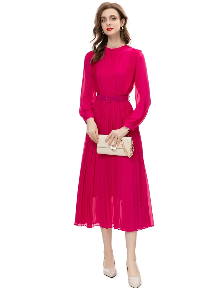 DLDENGHAN Spring Long Dress Women O-Neck Lantern Sleeve Belt Elegant Party Pleated Desses Fashion Designer New