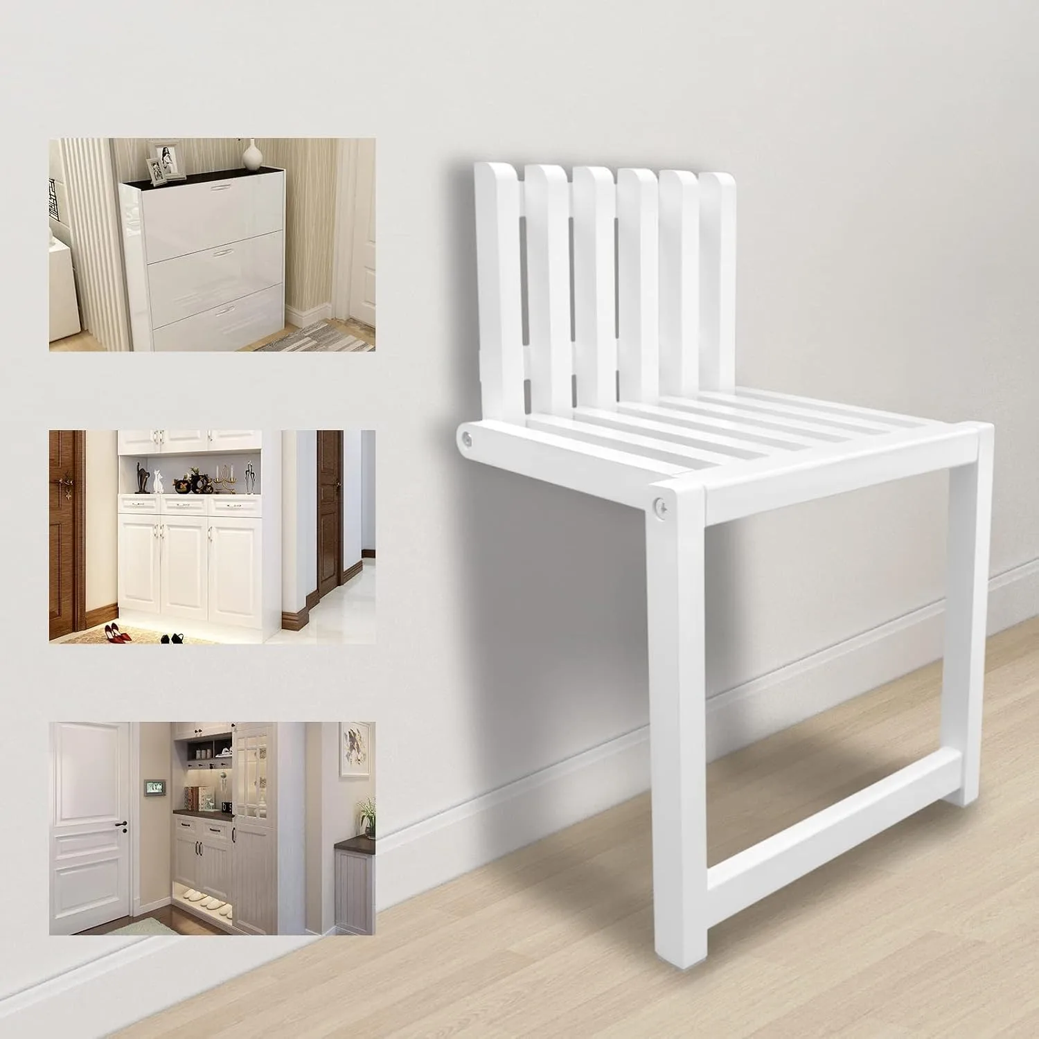 Wall Mounted Folding Chair, 330lbs Ultra Strong Solid Wood Foldable Stool with White Finish, Slim Space Saving Design,Customized