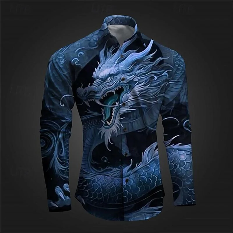 Men's Dragon Button Shirt Daily Wear Out Spring Lapel Printed Button Shirt Yellow Red Blue Purple Fast Shipping