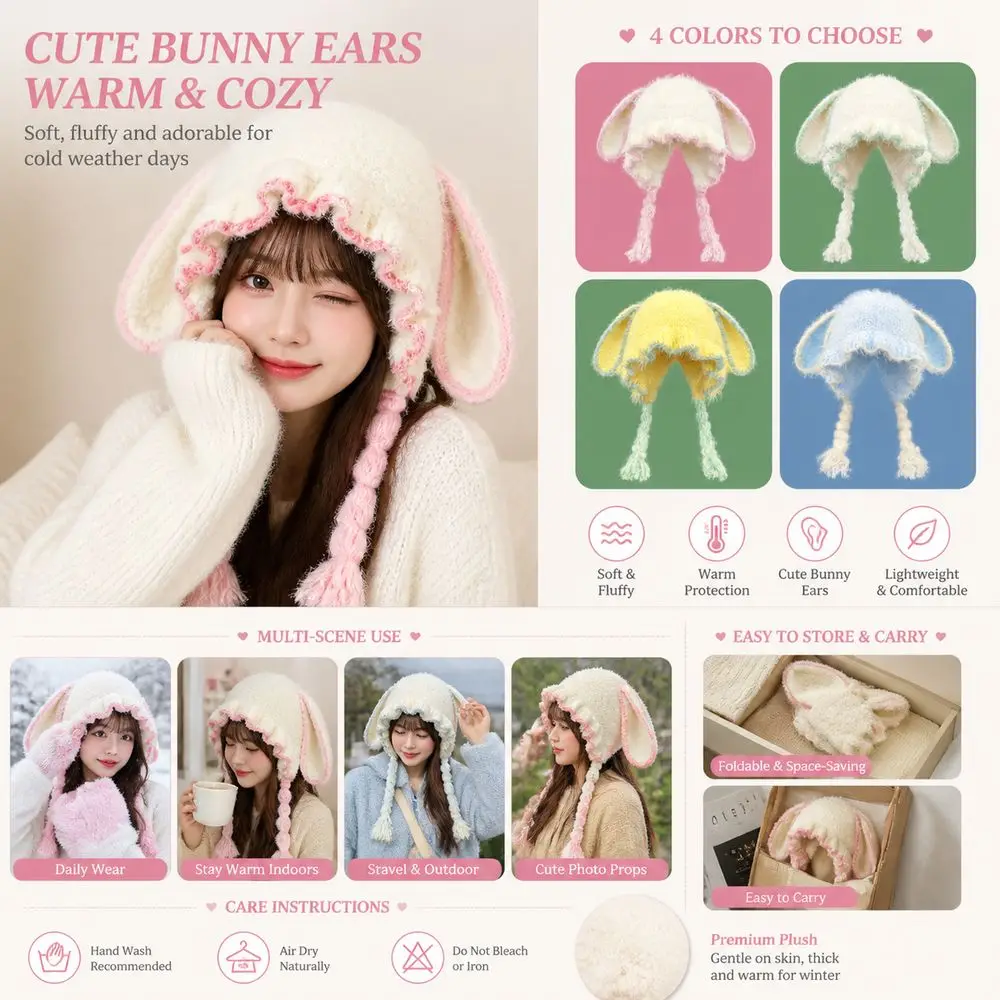 Soft Bunny Ear Hat Braided Tassels Fuzzy Texture Earflap Beanie Hat Ruffled Brim Long Earflaps Winter Hat Winter Daily Outfits
