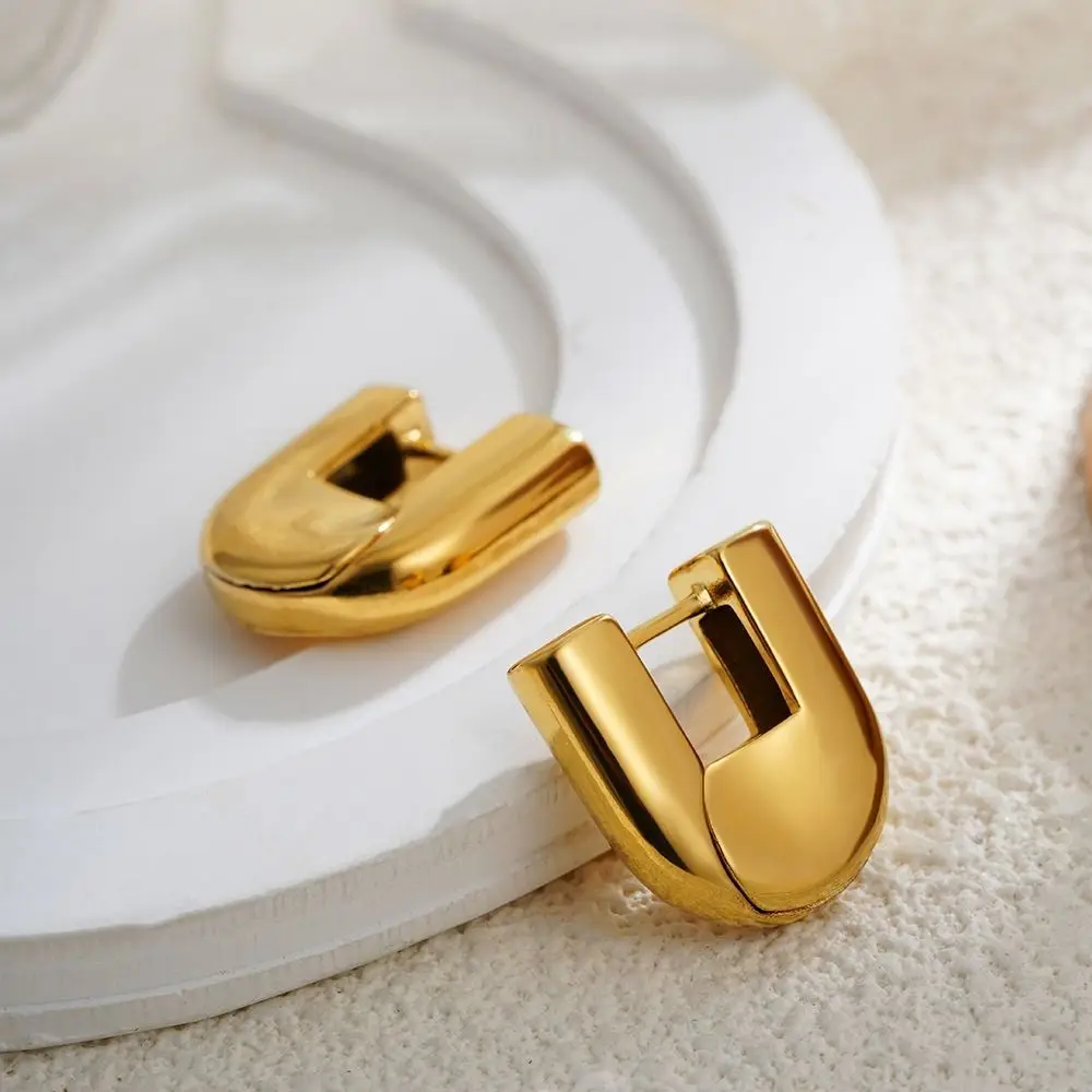 Polished PVD U Shape Hoop Earrings Waterproof Glossy Finish Chunky Hoop Earrings 18K Gold Plated Heavy Design Huggie Hoops - view 5