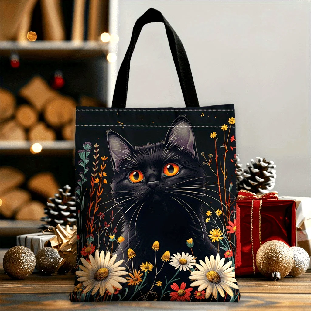 Stylish Element 1pc Black Cat and Flowers Pattern Tote Bag, Perfect for Shopping, Cheap, And Repeated Use