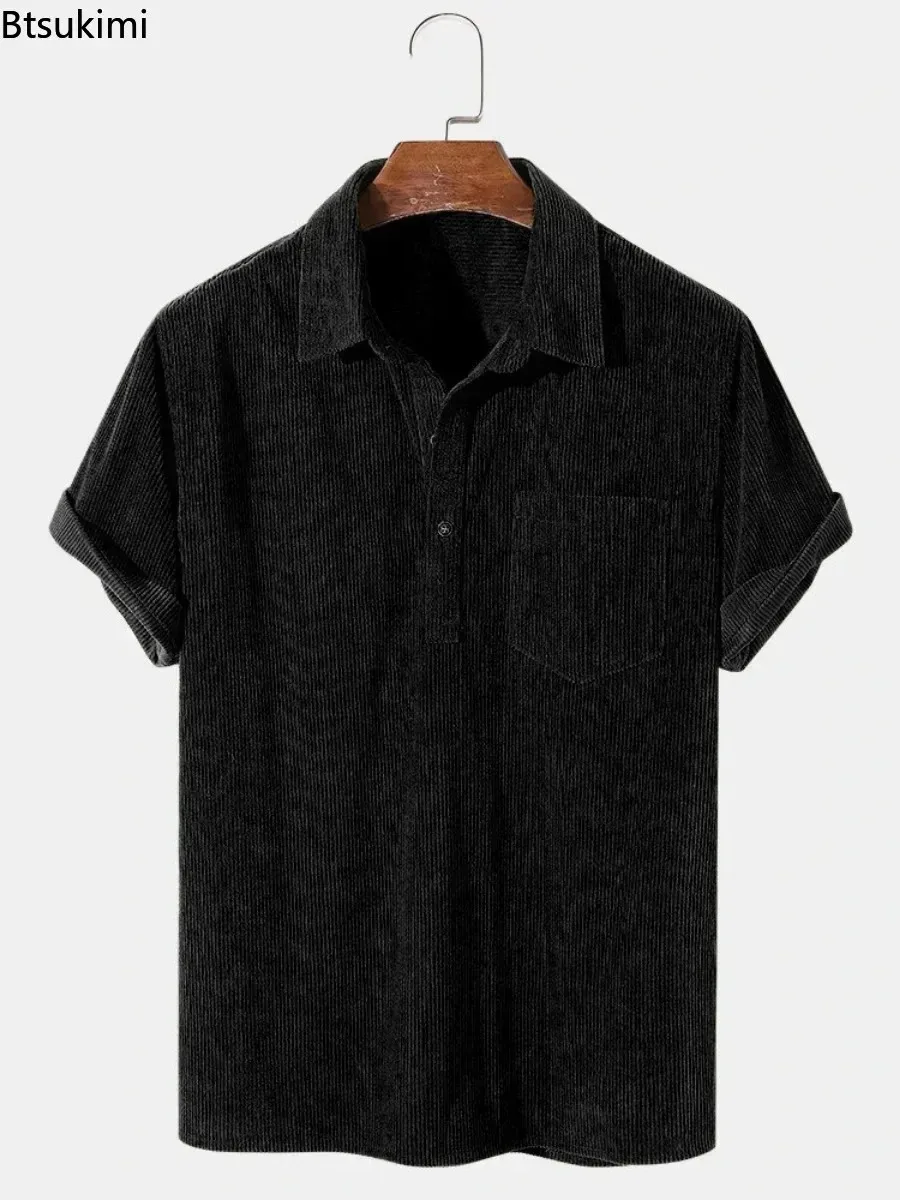 New 2026 Men's Summer Corduroy Short Sleeve Shirt Fashion Casual Streetwear Solid Lapel Loose Pullover Retro Simple Tops for Men