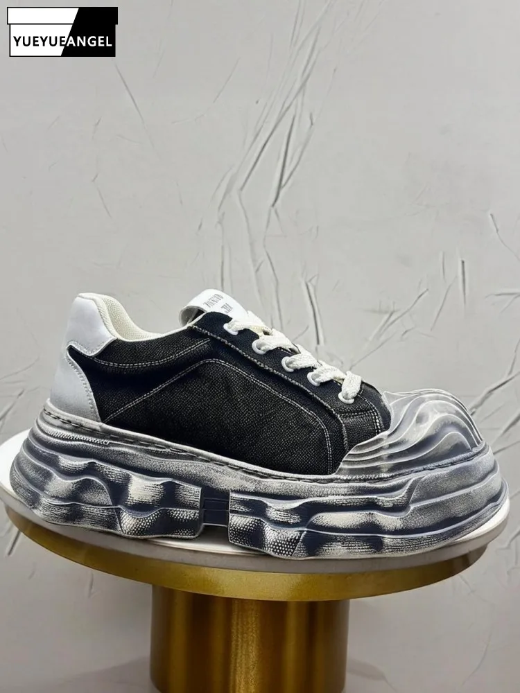 Mens Spring Summer Distressed Canvas Shoes High Street Breathable Low Cut Sasual Shoes Lace Up Designer Platform Sneakers Male