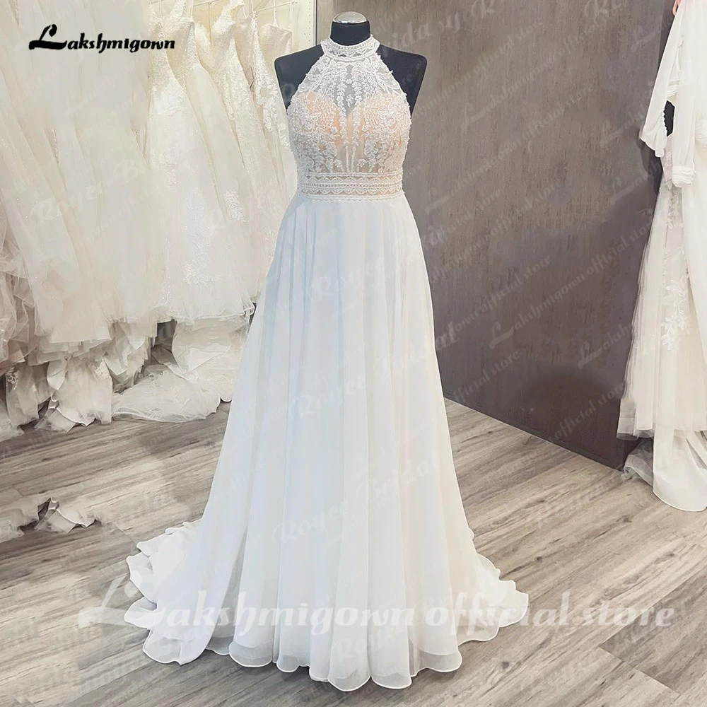 Lakshmigown Beach A Line Wedding Dress 2024 Lace Bodice Chiffon Halter Neck Women Backless Wedding Gown Vestido Novia