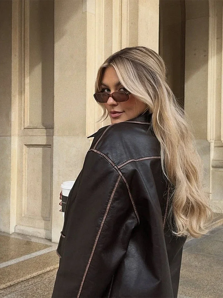 

Casual Lapel Leather Coat For Women Fashion Zipper Pocket Solid Long Sleeve Loose Coats 2025 New Autumn Lady High Street Outwear