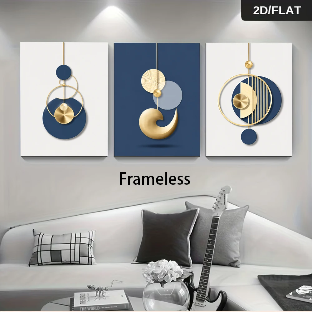 3pcs frameless Canvas Painting 1 set of abstract geometric blue and gold color scheme frameless three-panel decorative paintings