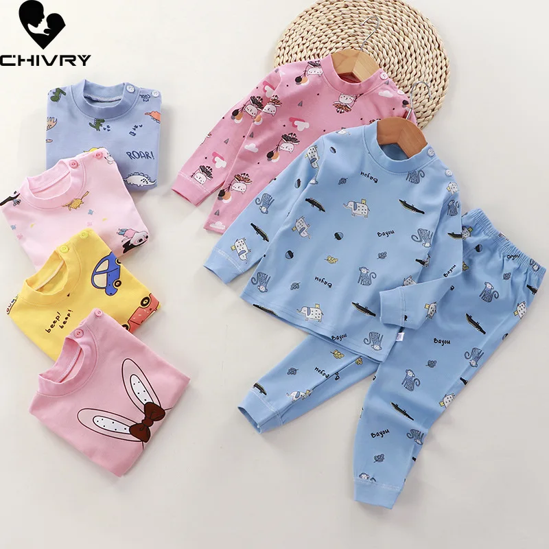 

New Kids Boys Pajamas Home Wear Cartoon Print Long Sleeve T-Shirt with Pants Newborn Baby Girls Autumn Sleeping Clothes Sets