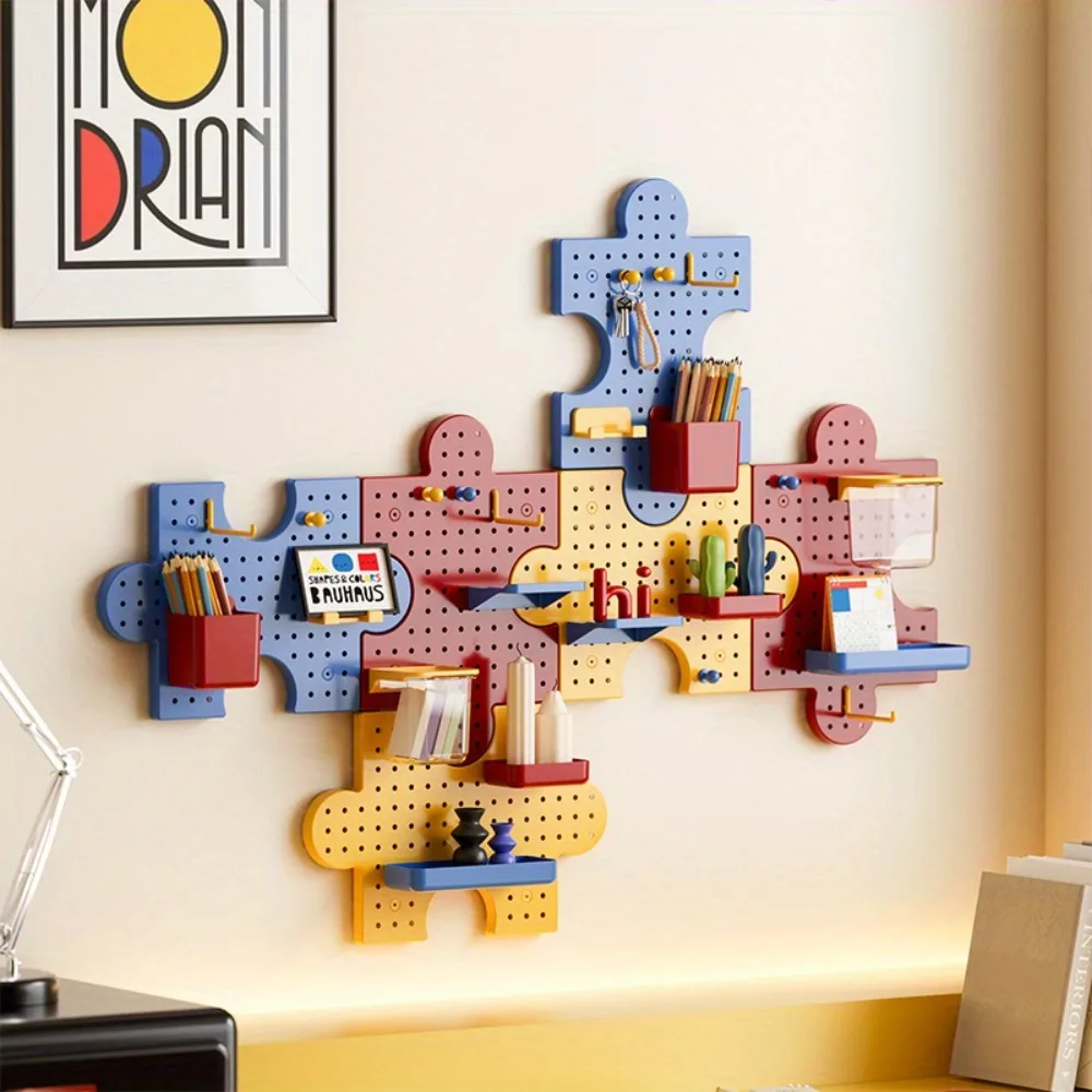 Puzzle Shaped Wall Mounted Pegboard Set No Drill Modular Storage Organizer Colorful Interlocking Display Shelf Room Home Decor