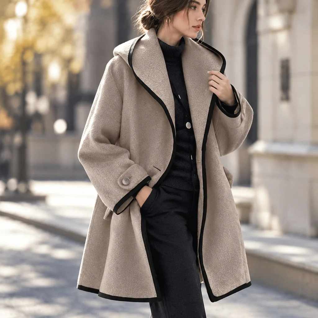 Hooded Loose Fit Coat Relaxed Fresh Sweet with Spring Patchwork Relaxed Fit Regular Sleeve Urban Gentle Autumn Winter Women Coat