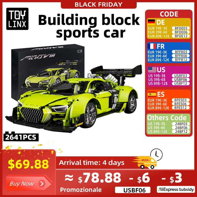 2641PCS R8 Model Building Blocks Sports Racing Car Fast Rear Wing MOC Bricks High Tech Vehicle Set Toy for Kids Easter Gift