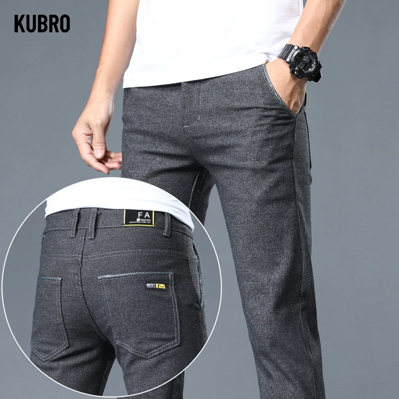 KUBRO Men's Brushed Fabric Casual Pants Business Fashion Slim Fit Stretch Thick Gray Blue Black Cotton Trousers Male Windows