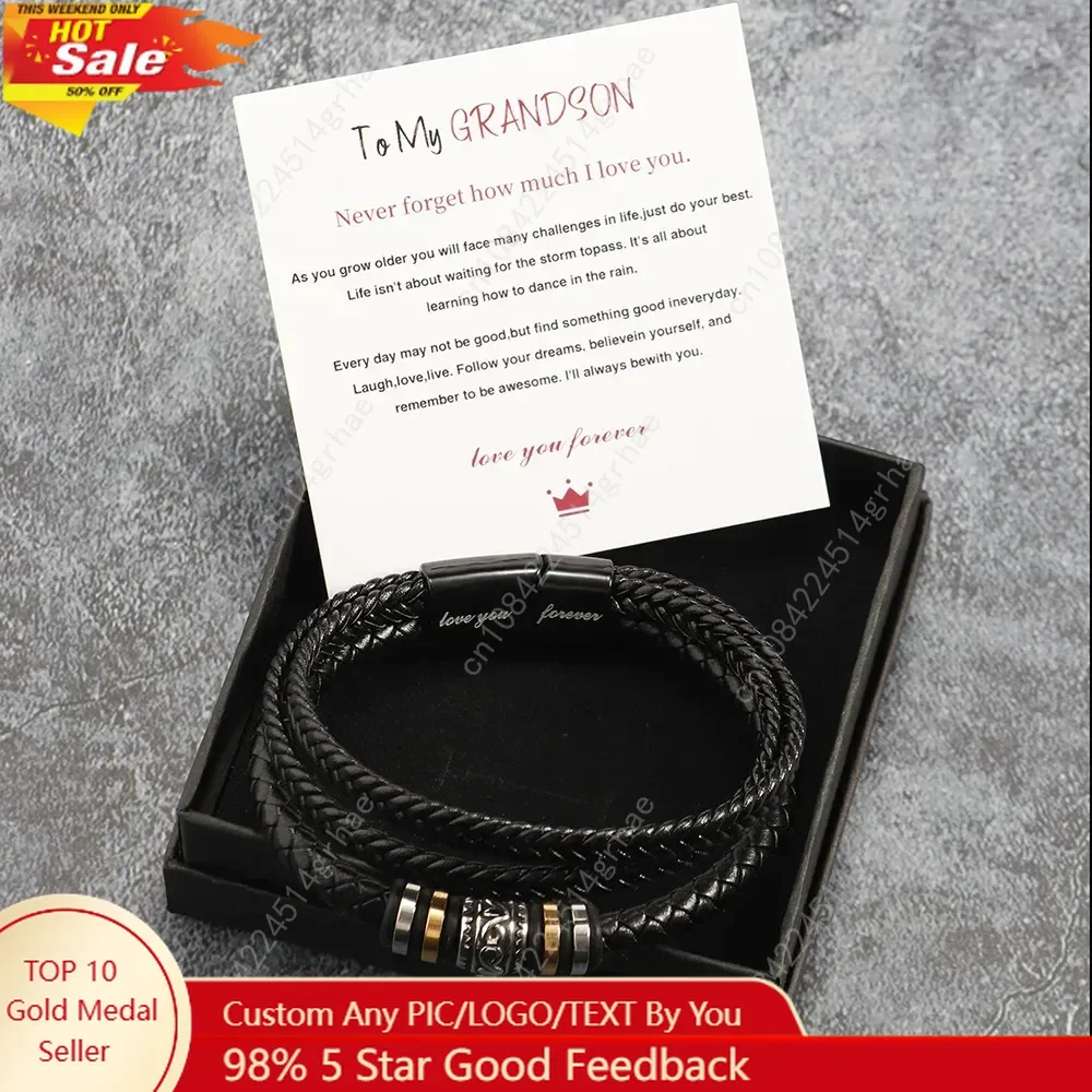 

Bracelet for Son/Grandson From Parents, Stainless Steel Leather Bead Grown Up Meaningful Graduation Gifts for His Birthday 8.5"