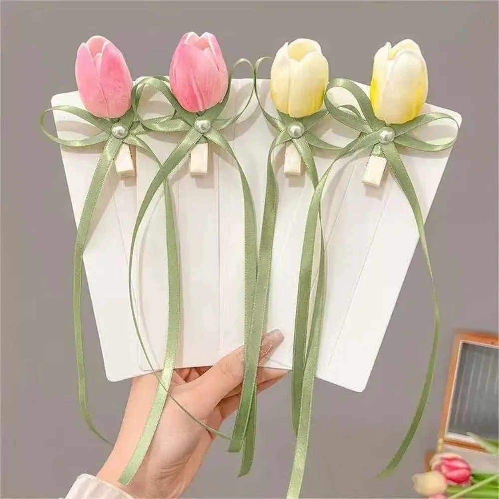

2pcs Elegant Sweet Tulip Tulip Hairpin Silk Pearl Hair Accessories Duckbill Clip Flower Silk Ribbon Headwear For Girls