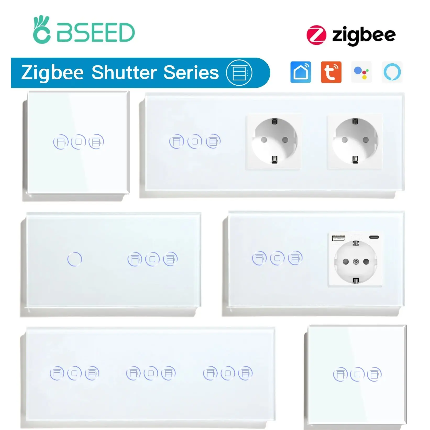 BSEED Zigbee Shutter Switches Tuya APP Control Smart Roller Blind Series White Glass Support Google Smart Life Roller Shutter