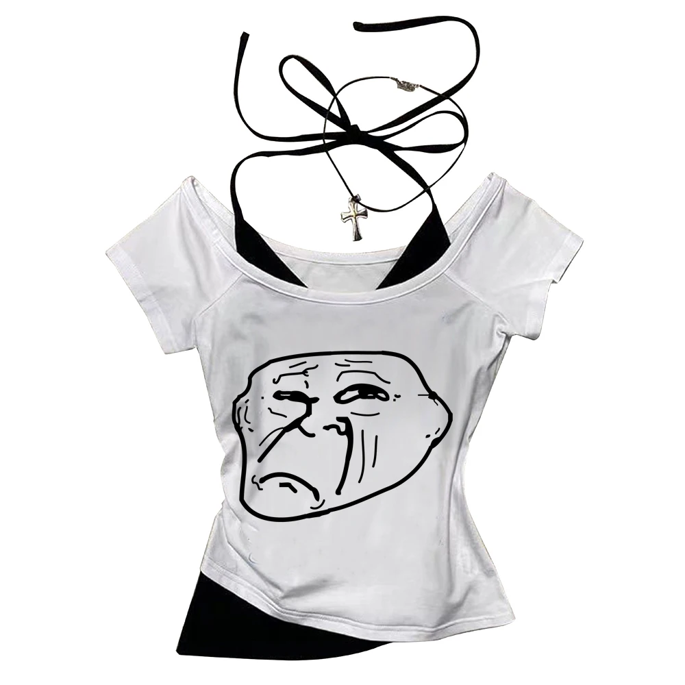 Trollface crop top shoujo streetwear manga korean fashion t shirt y2k baddie harajuku cheap anime
