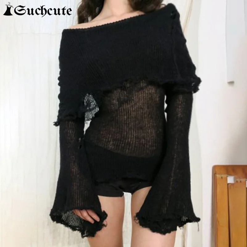 

SUCHCUTE Sexy Women See Through Sweaters Off Shoulder Solid Color Flare Sleeve Pullovers Slash Neck Grunge Fashion Casual Tops