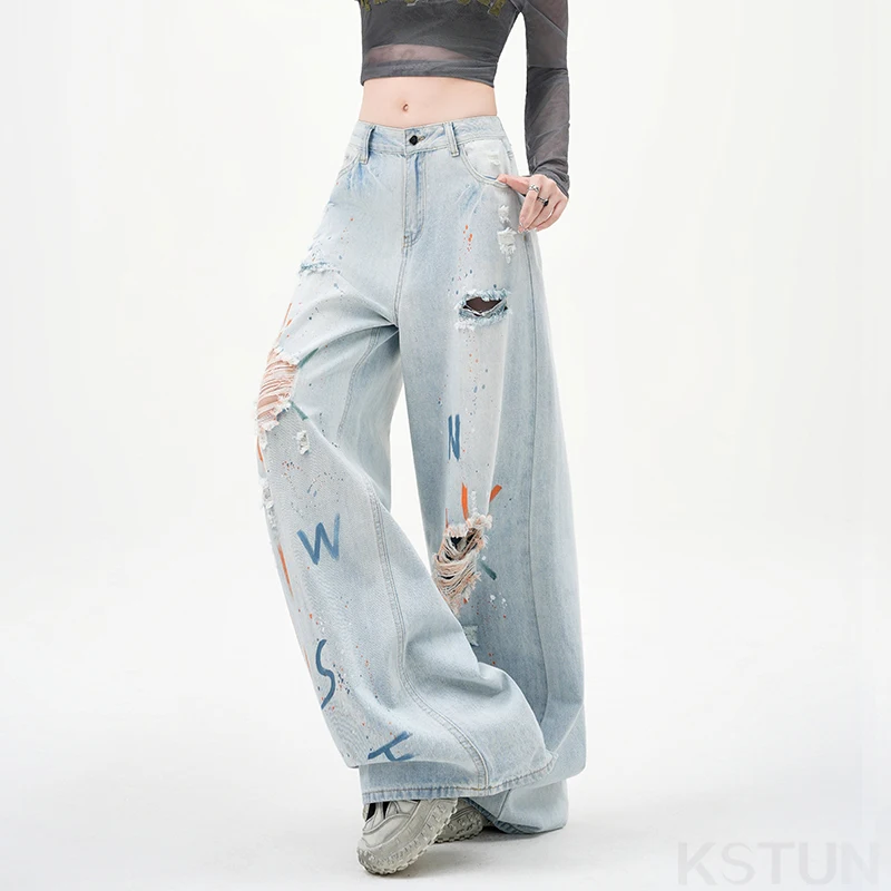 جينز نسائي صيفي متعثر موضة 2026 من KSTUN جينز هيب هوب ممزق بأرجل واسعة ملابس خروج مفرغة بنطال بتصميم مرسوم للفتيات الساخن #4